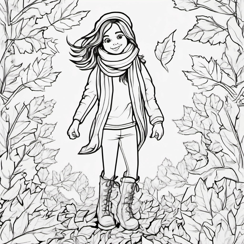 A girl wearing a scarf and boots while jumping into leaf piles Make the girl's f