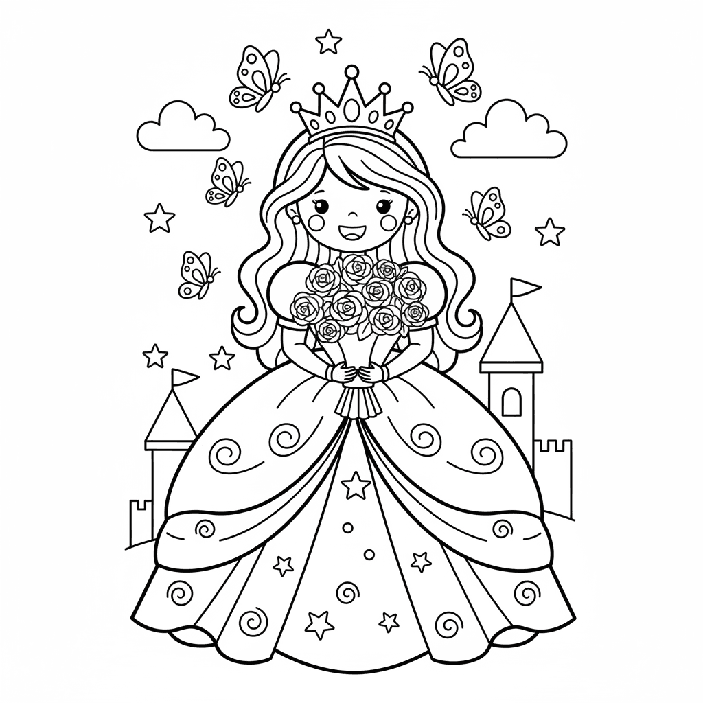 Cute Princess holding a bouquet of roses, smiling happily, wearing a beautiful r