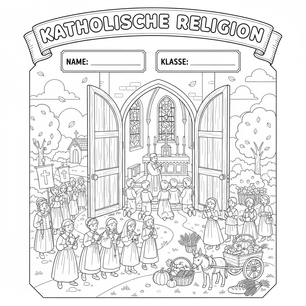 Erstelle ein Deckblatt für eine Religionsmappe, in der Kinder auch Name & Klasse