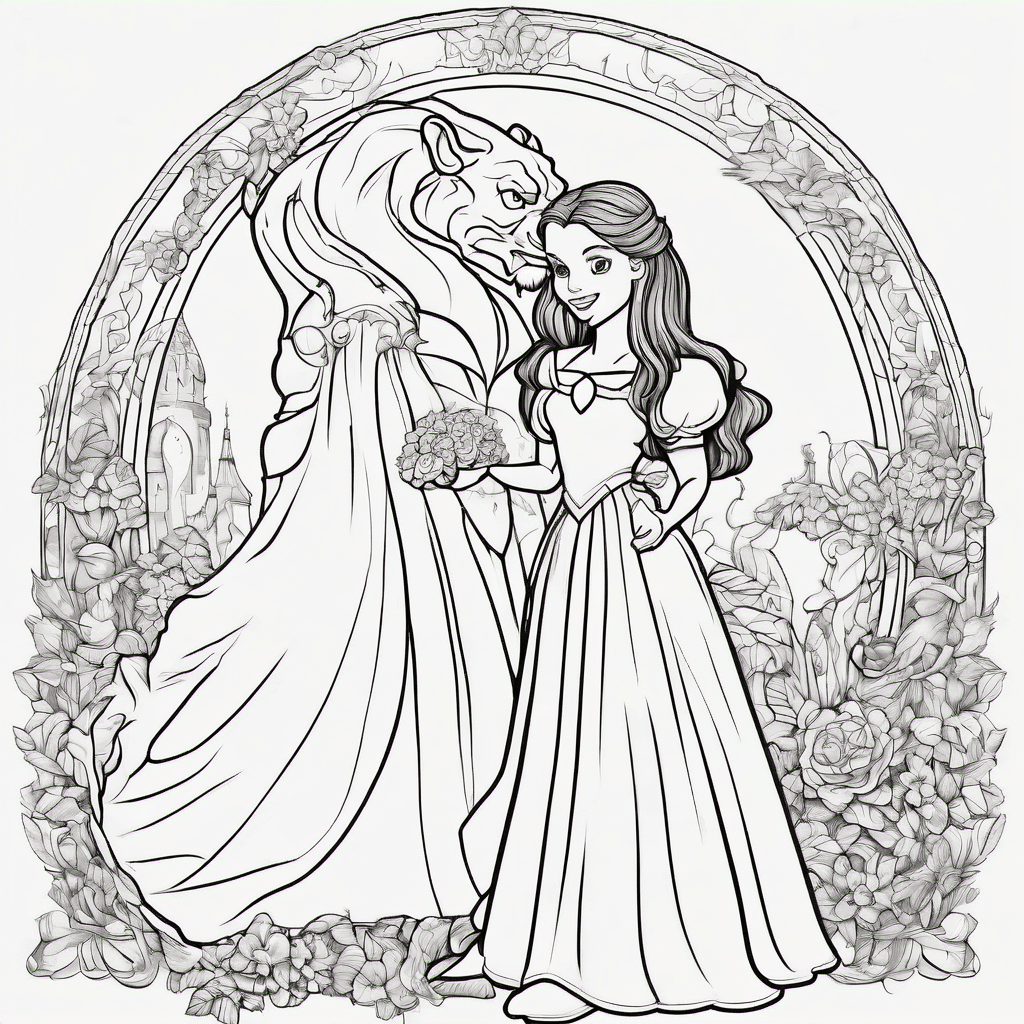 Coloring page of a young girl in a flowing gown standing beside a friendly mythi