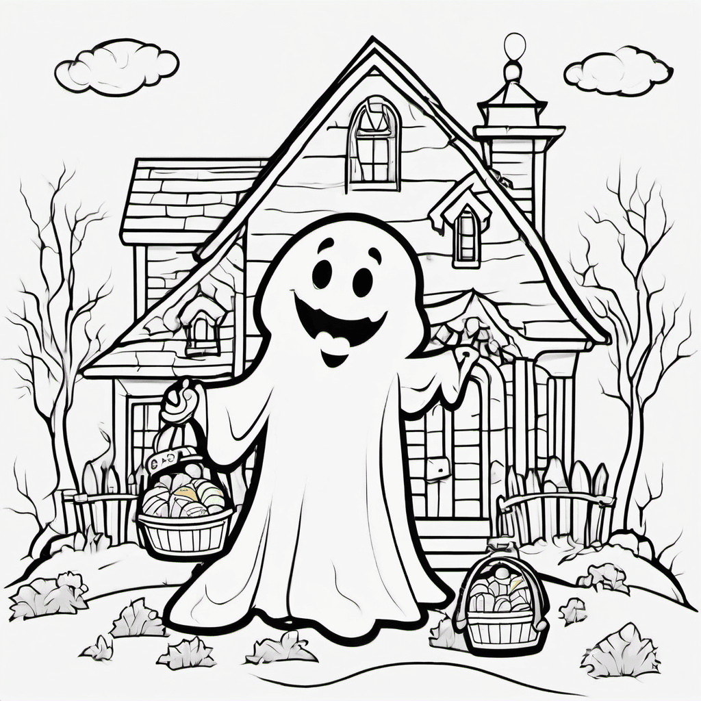 Cute friendly ghost holding a candy basket beside a haunted house. Simple Hallow