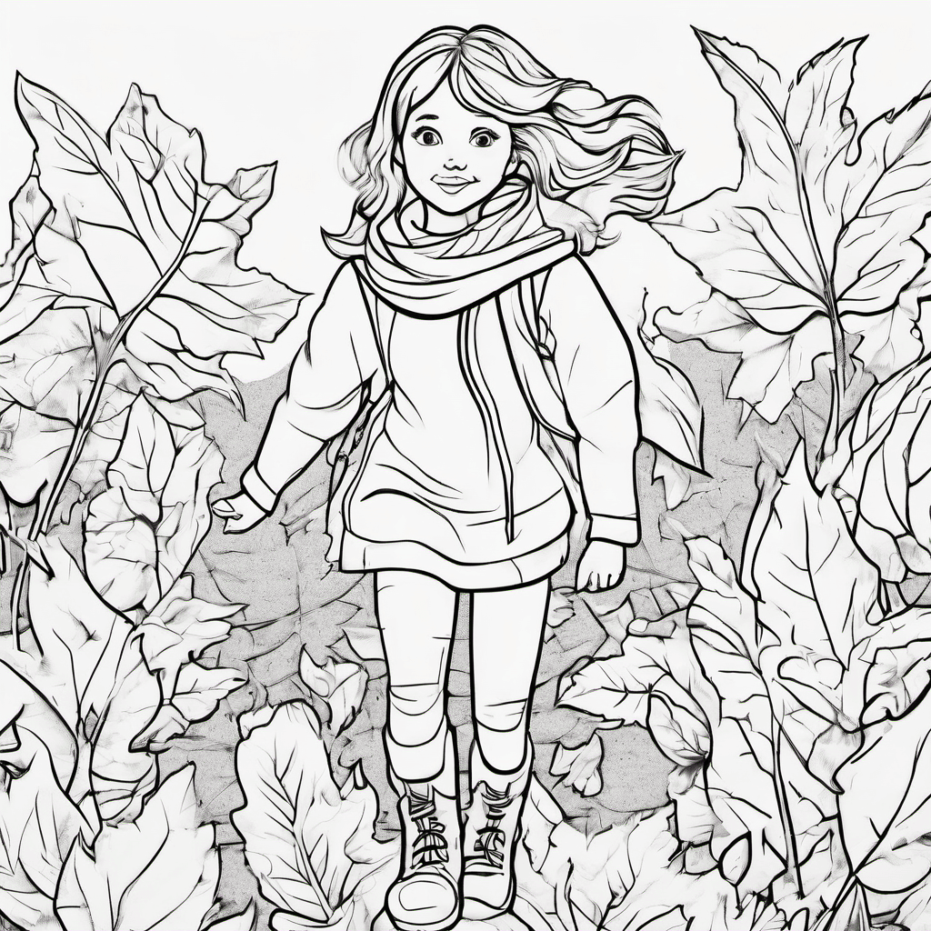 A girl wearing a scarf and boots while jumping into leaf piles Make the girl's f