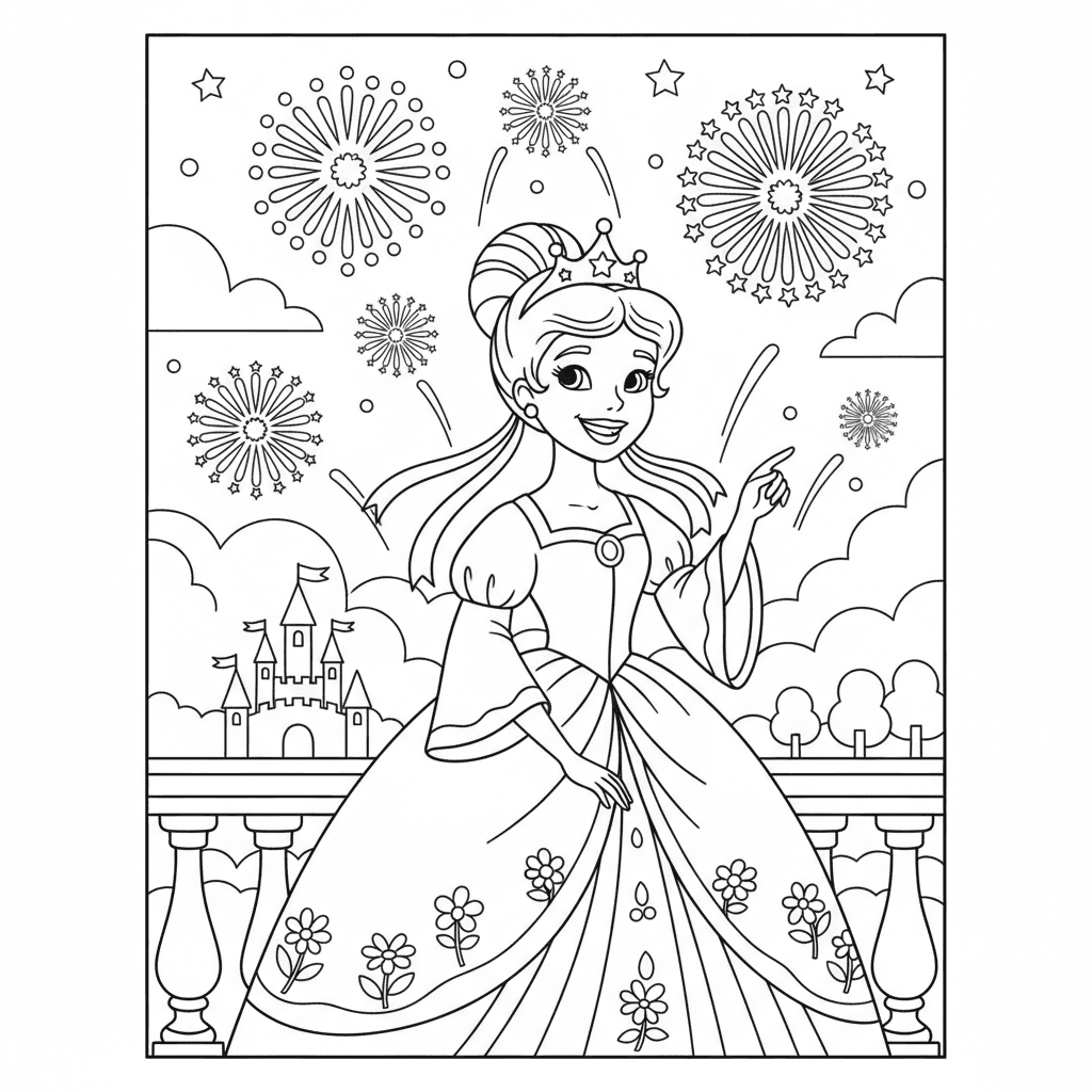 Princess watching fireworks.smiling happily in beautiful night, children's color