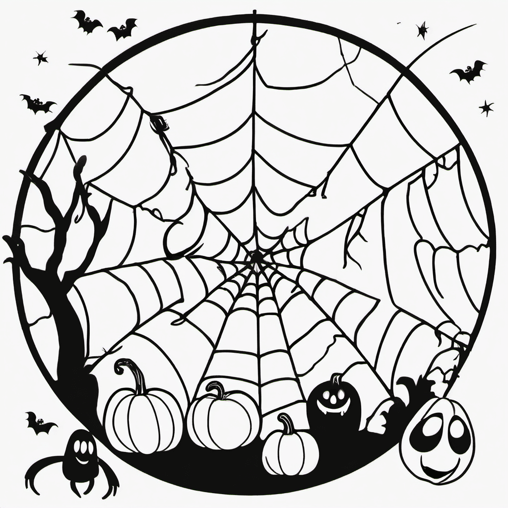 Cute friendly spider hanging from a web beside a smiling ghost and tiny pumpkins