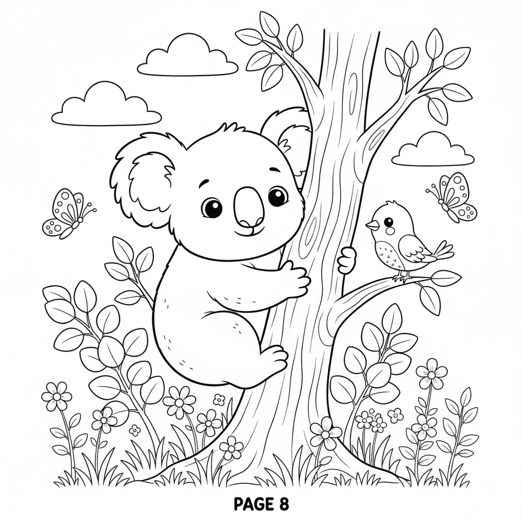 Create page 8 of a professional 20-page children's coloring book called 'Adorabl