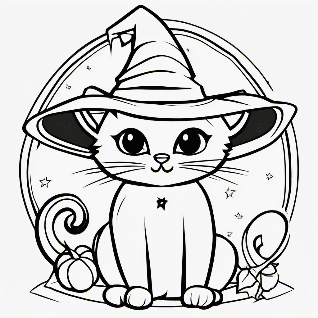 Cute black cat wearing a witch hat, sitting beside a smiling jack-o’-lantern. Si