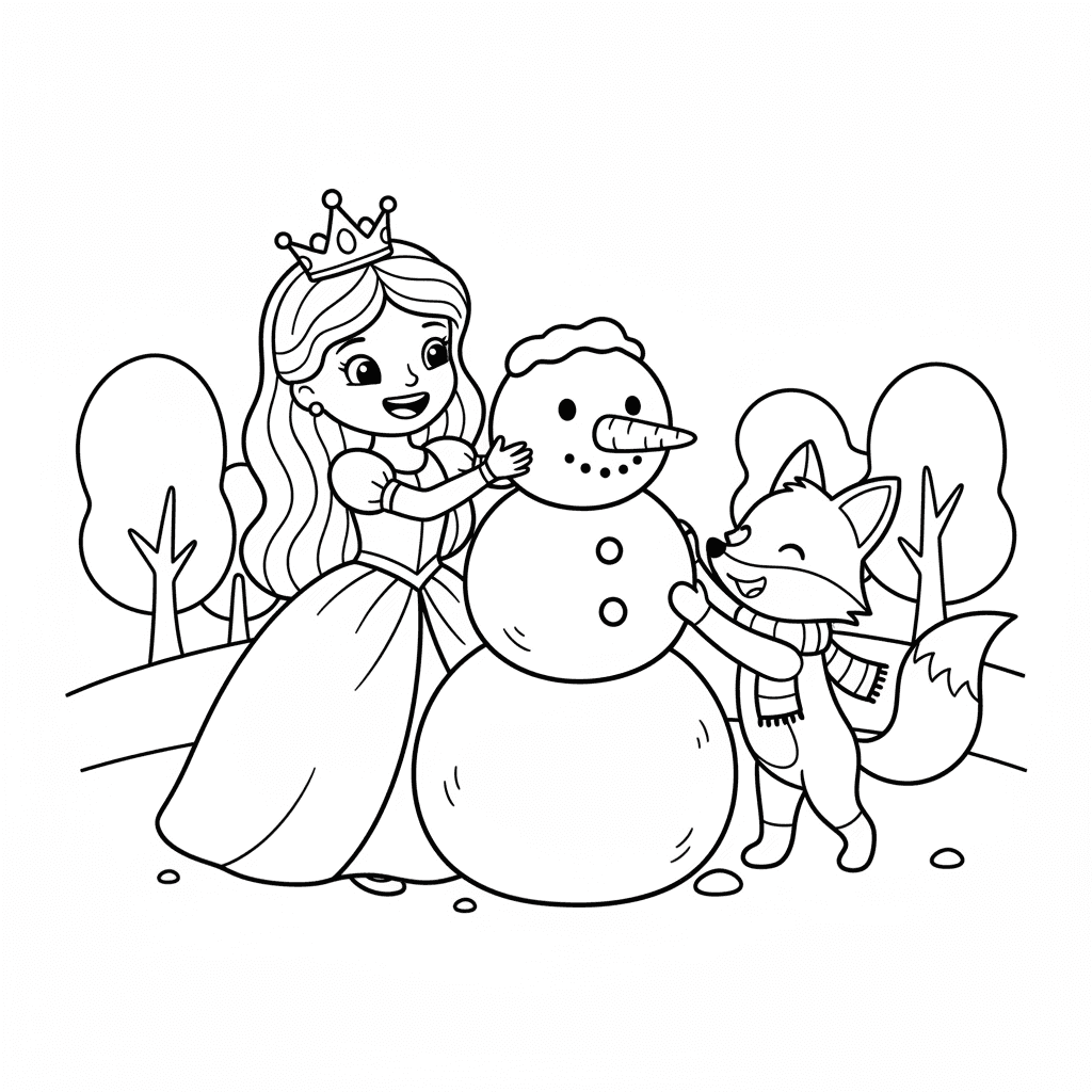 Cute Princess building a snowman with her friend, children's coloring book page,
