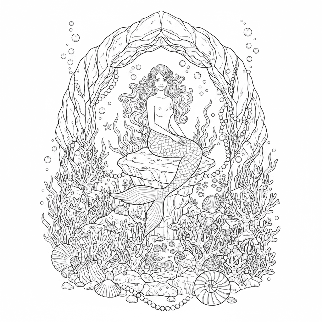 Intricate adult coloring page of a beautiful mermaid sitting on a rock beneath a