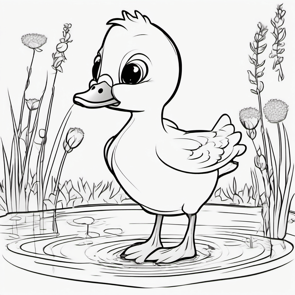 Cute baby duckling standing happily in a simple pond-side meadow, fluffy round b