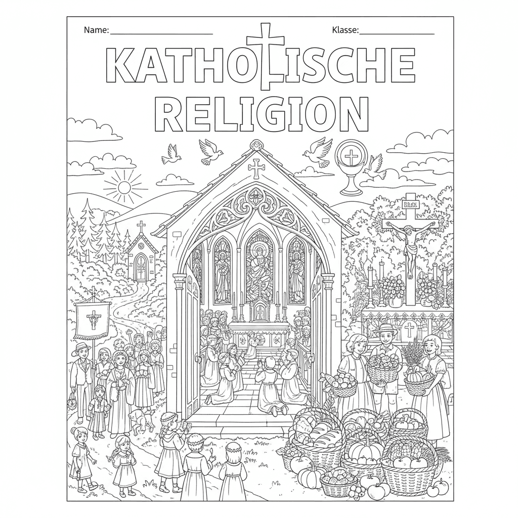 Erstelle ein Deckblatt für eine Religionsmappe, in der Kinder auch Name und Klas