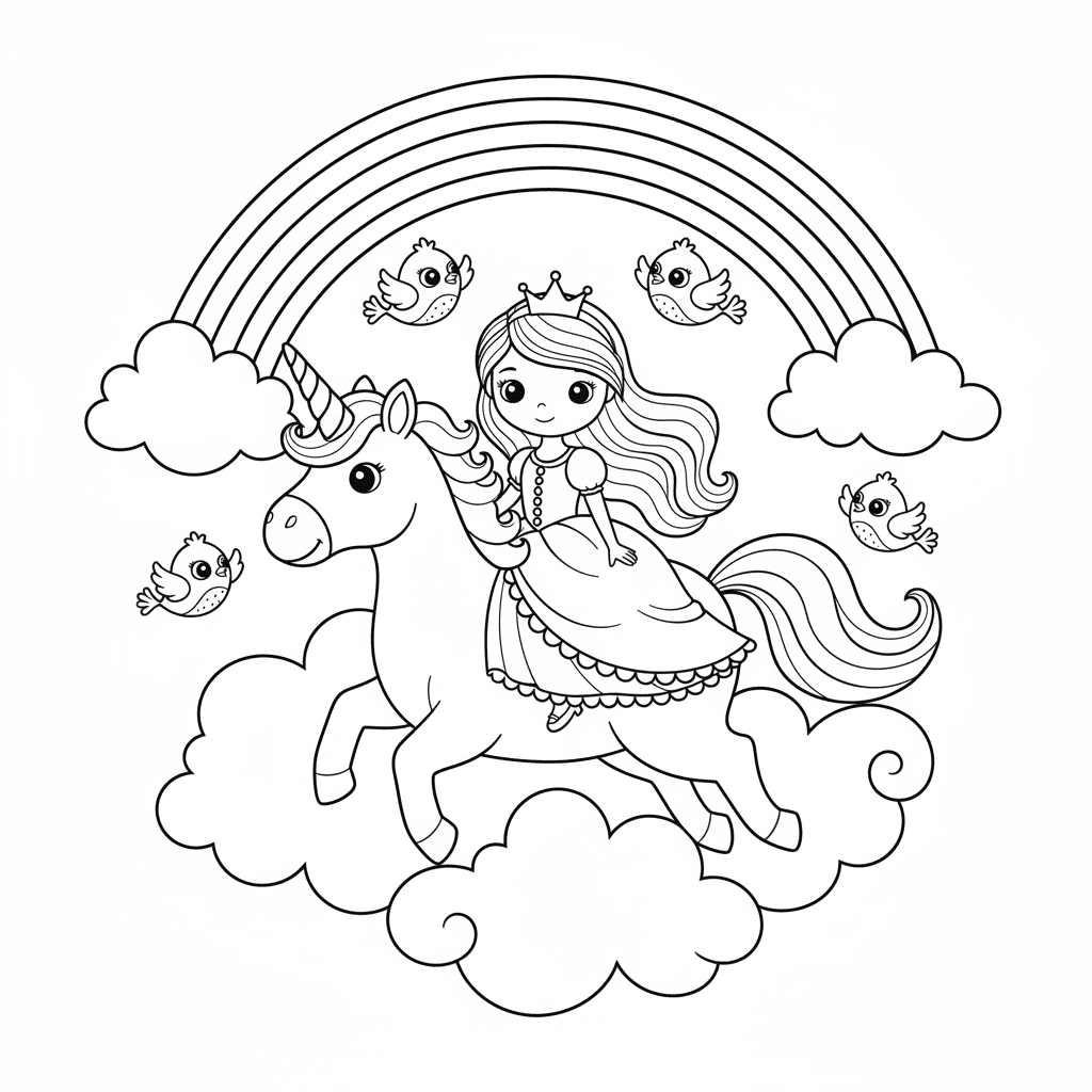 Cute Princess riding a unicorn through the clouds, there's rainbow and some cute