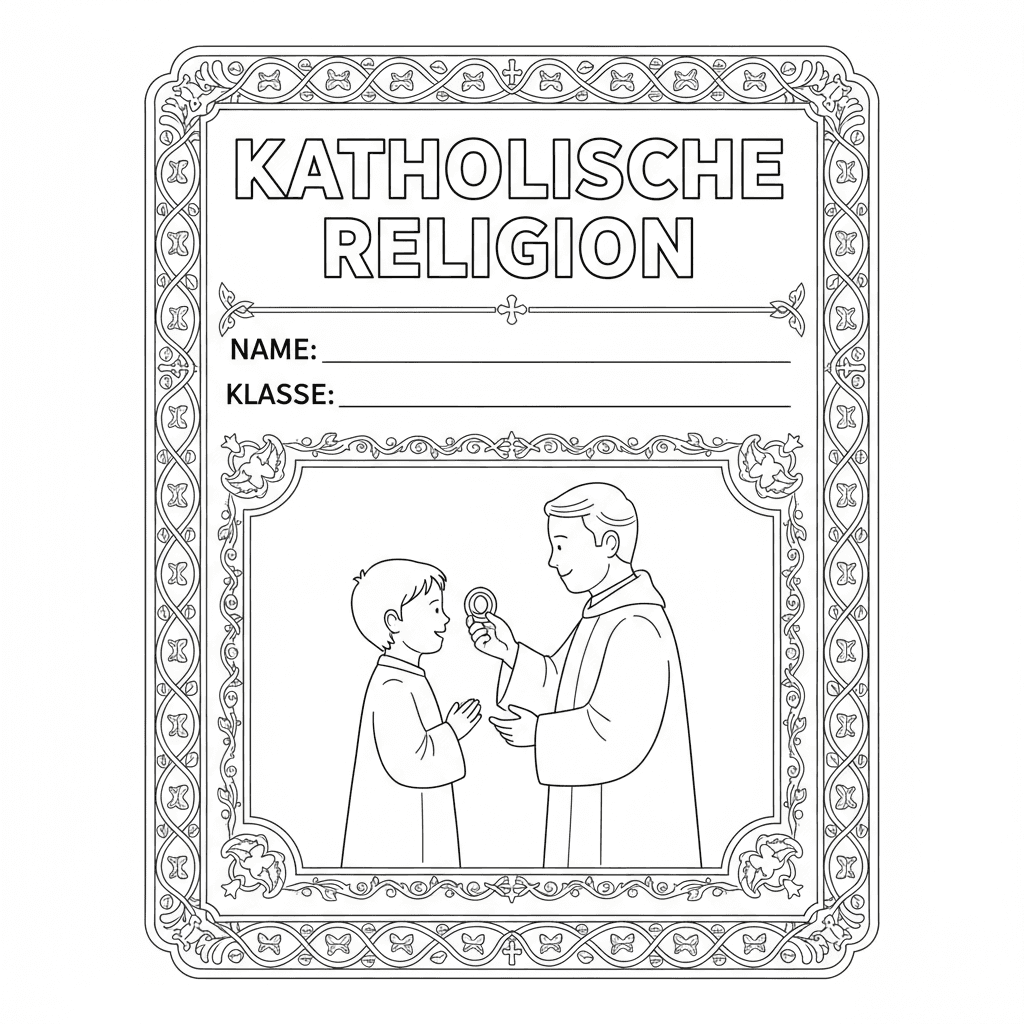 Erstelle ein Deckblatt für eine Religionsmappe, in der Kinder auch Name und Klas