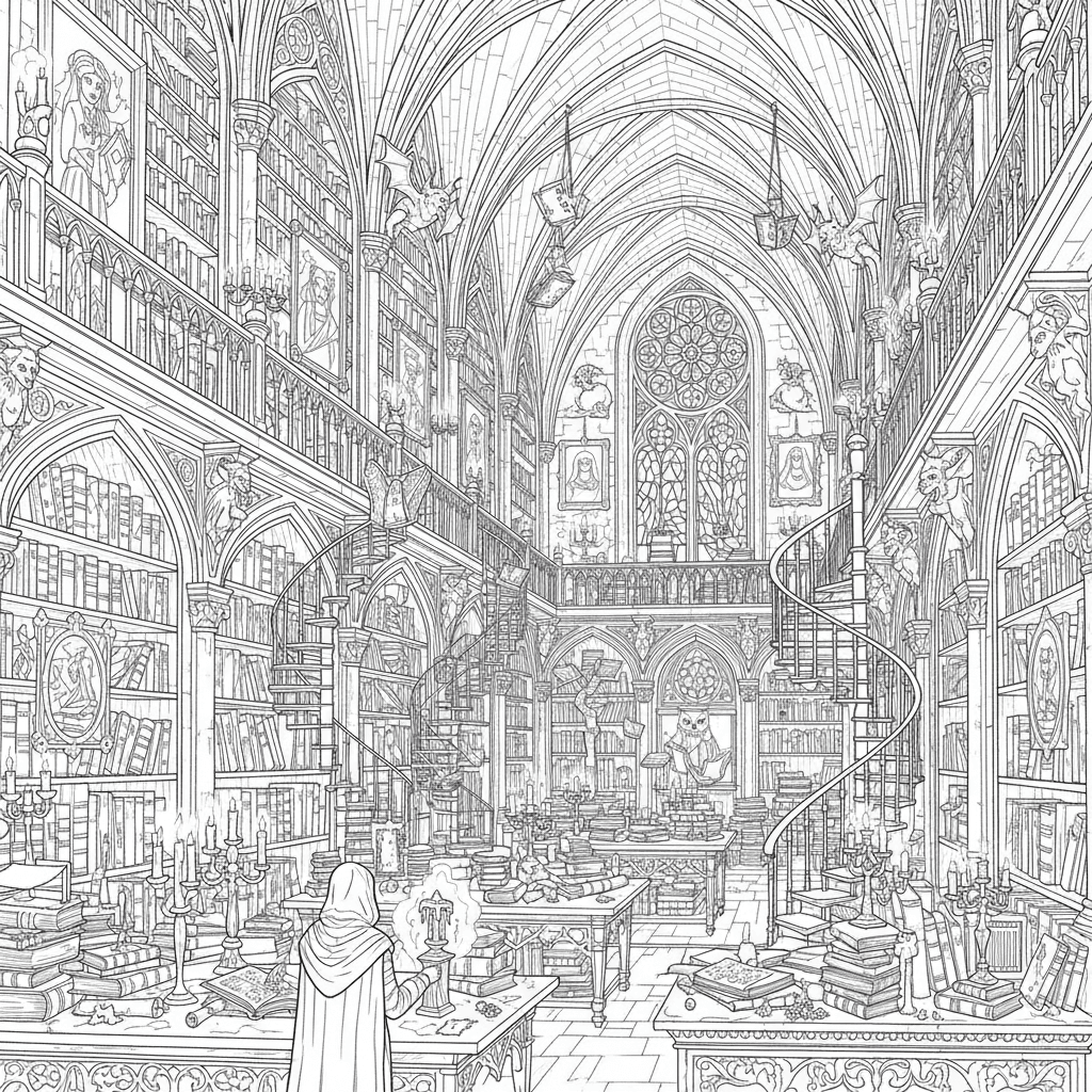 Haunted library Vast gothic library filled with towering bookshelves, spiral sta