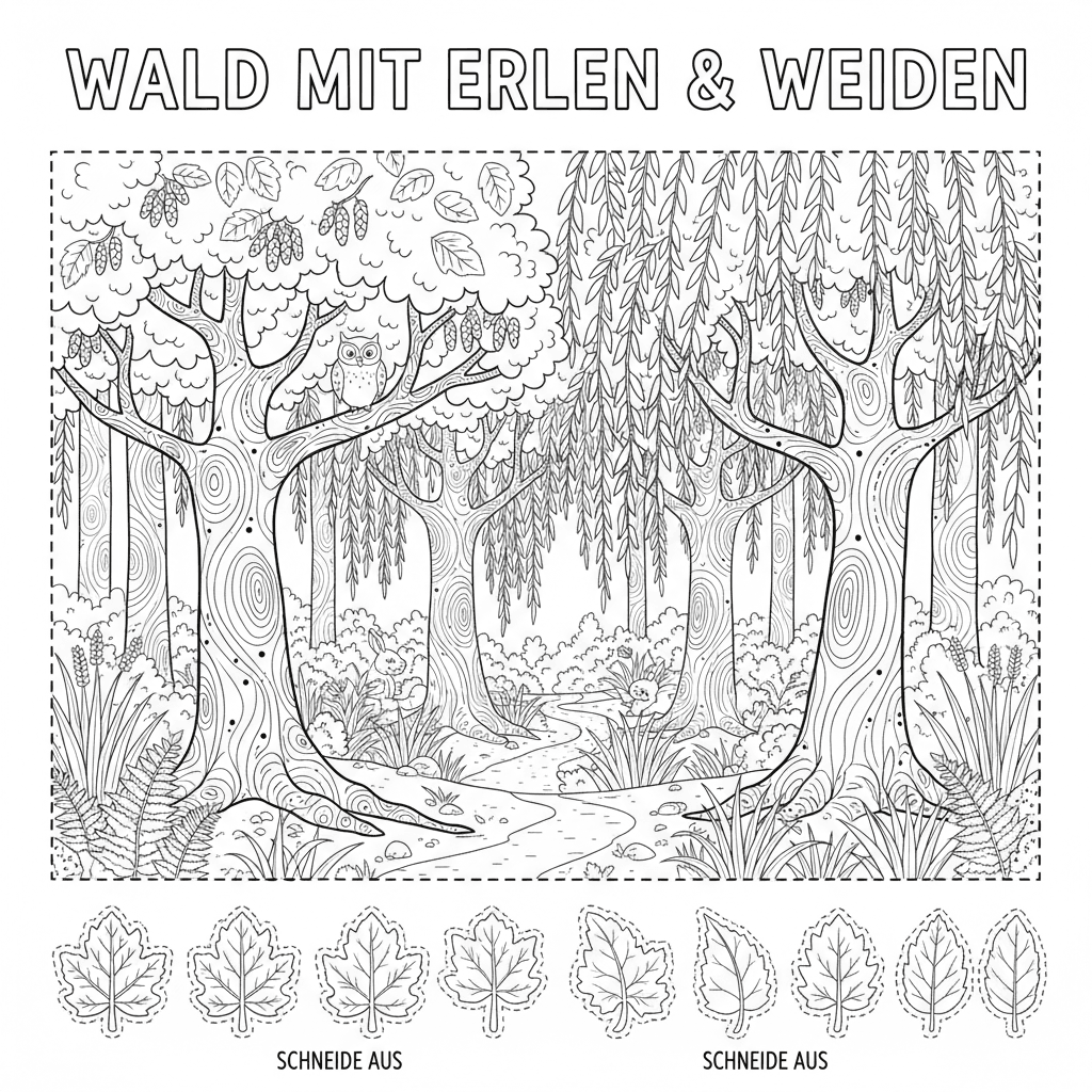 Mach mir eine ausschneidvorlage wald mit erlen und weiden