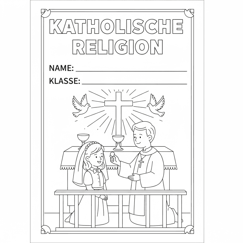 Erstelle ein Deckblatt für eine Religionsmappe, in der Kinder auch Name und Klas
