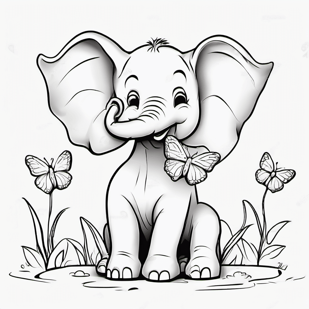 Cute baby elephant playing with a butterfly. Black and white coloring book page 