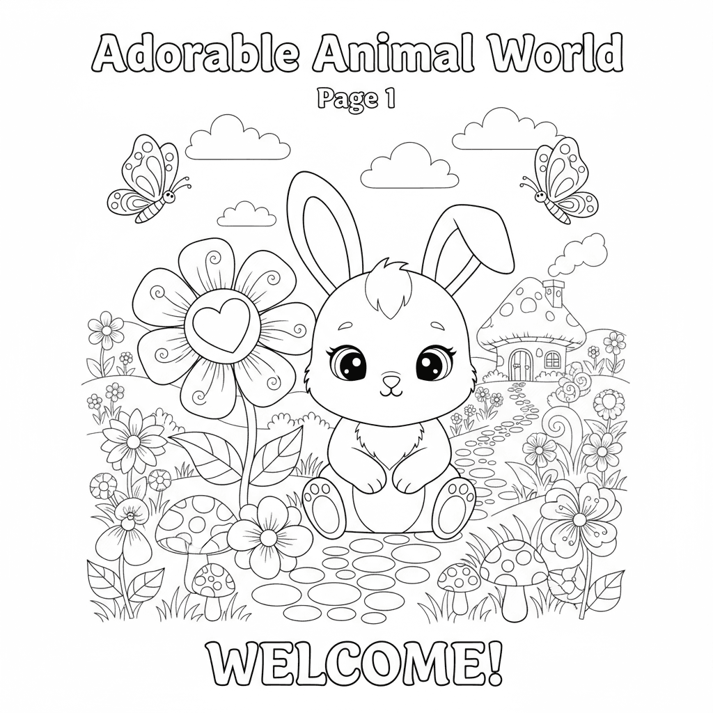 Create page 1 of a professional 20-page children's coloring book called 'Adorabl