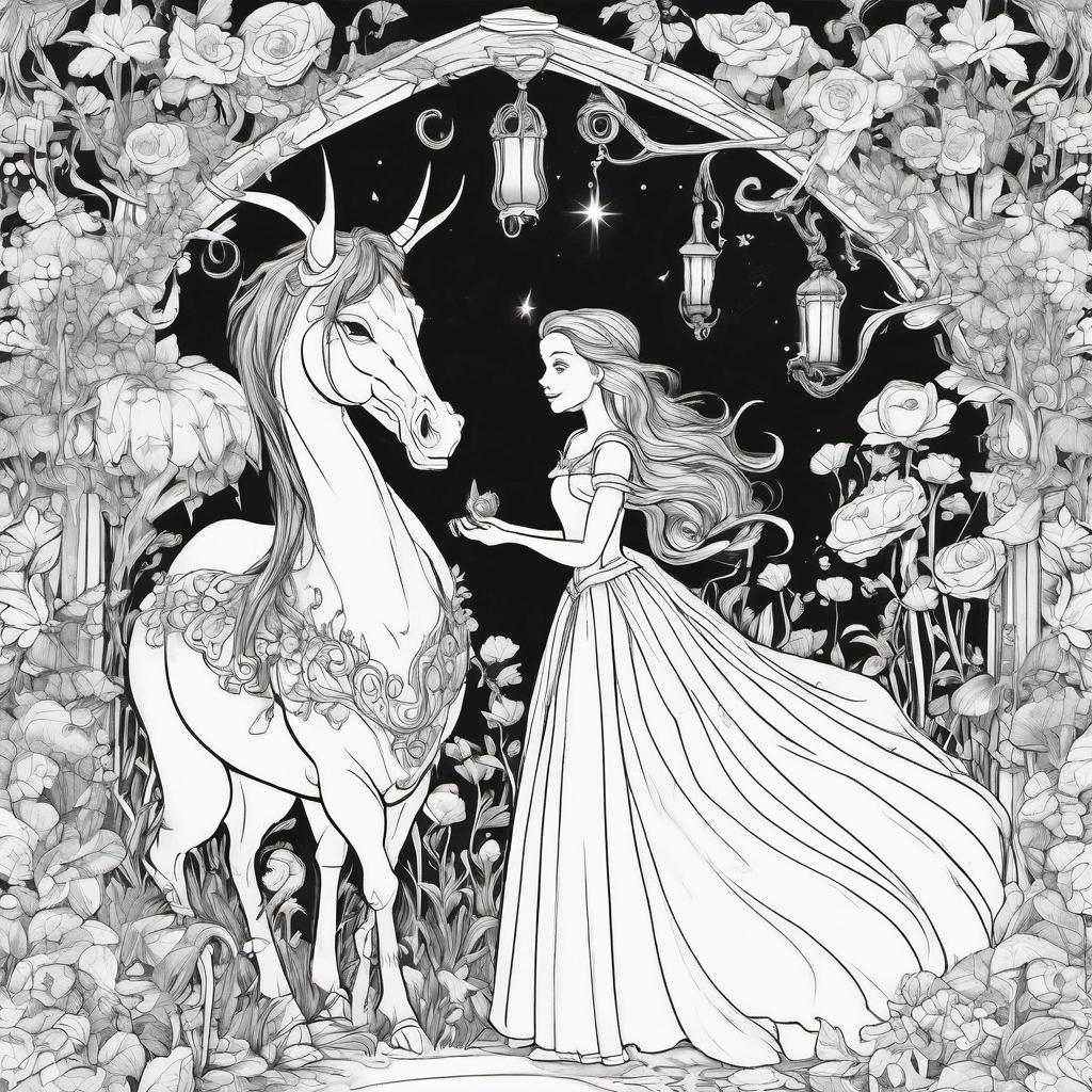 Create a detailed, original fairy-tale coloring page of a young girl in a flowin