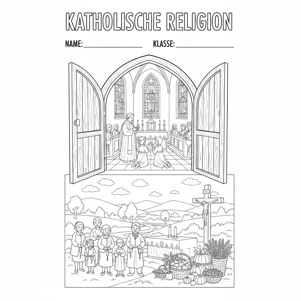 Erstelle ein Deckblatt für eine Religionsmappe, in der Kinder auch Name & Klasse
