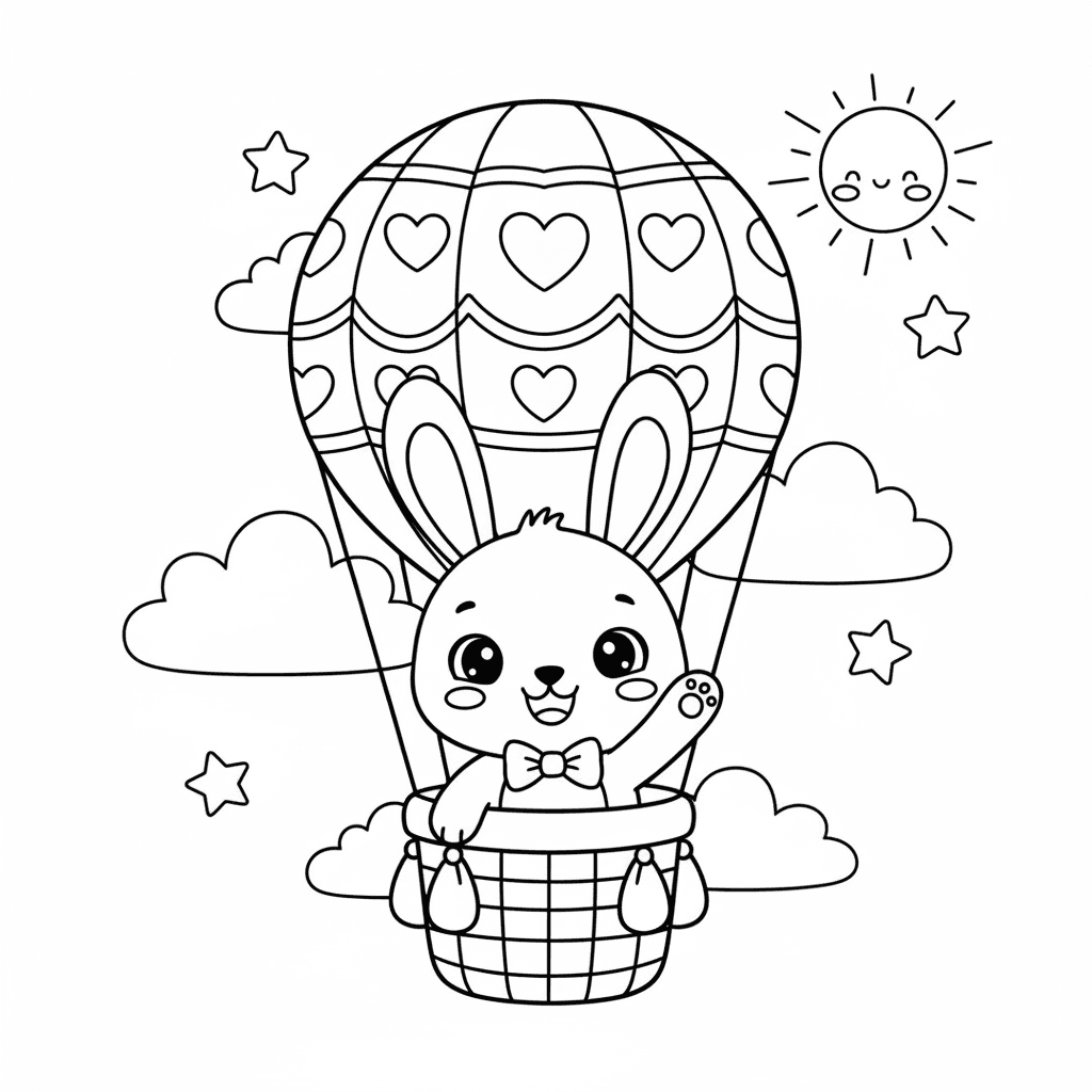 Create a cute children's coloring book page featuring an adorable little bunny r