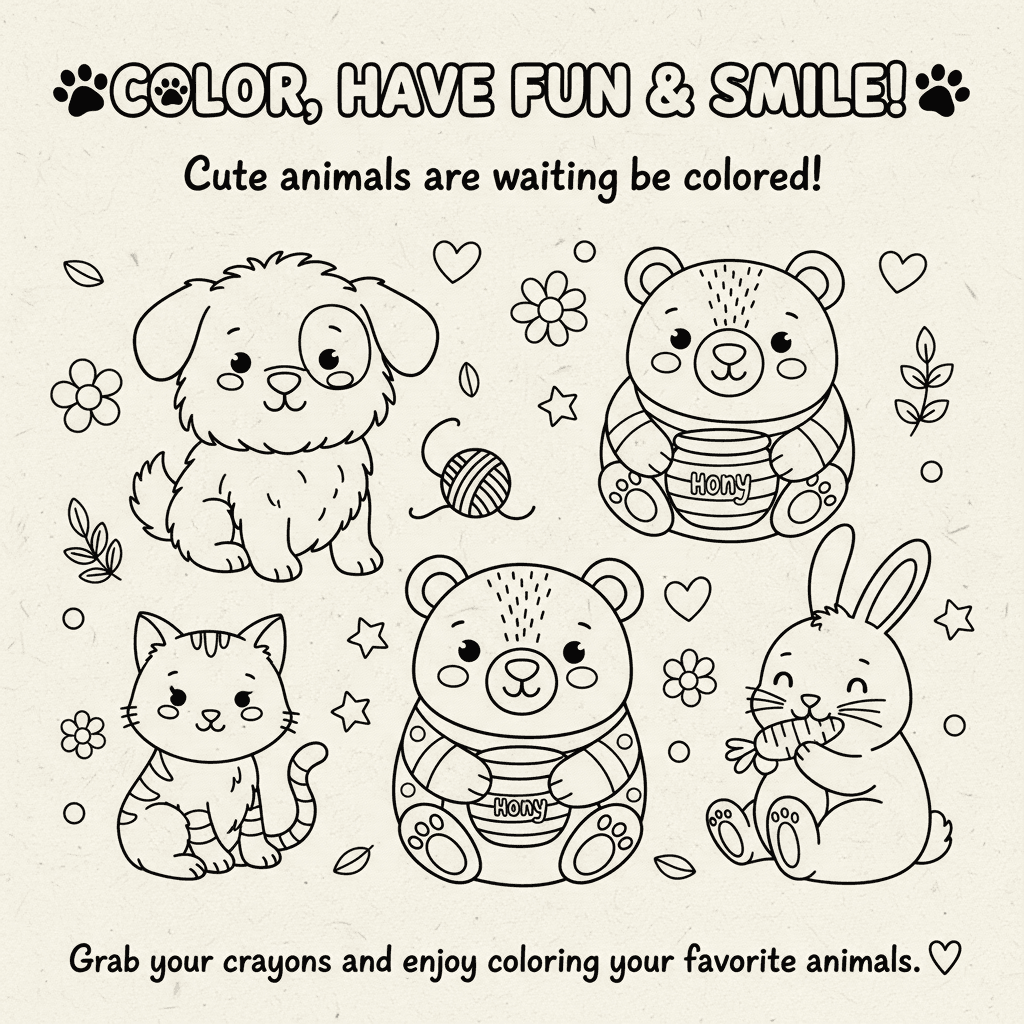 **COLOR, HAVE FUN & SMILE! 🐾** Cute animals are waiting to be colored! Grab you