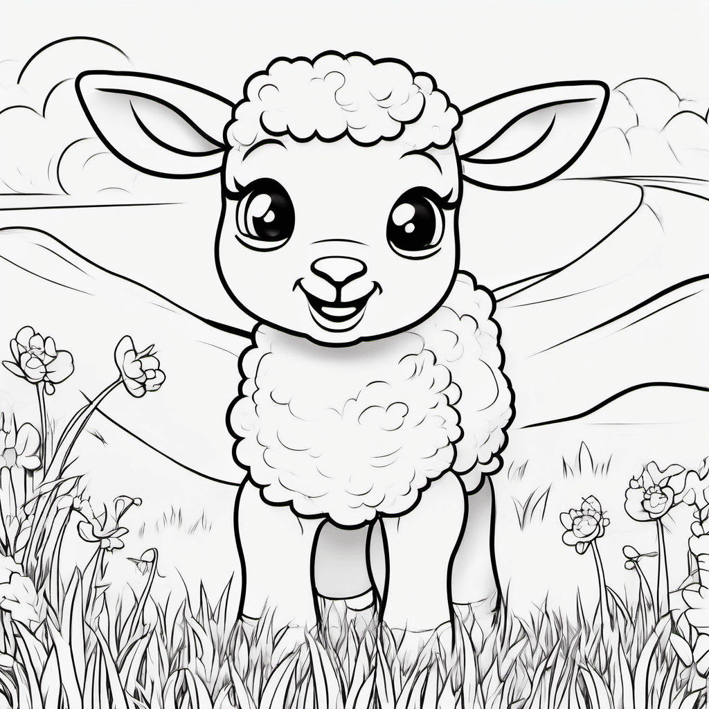 Cute baby lamb standing happily in a simple grassy meadow, fluffy wool, floppy e