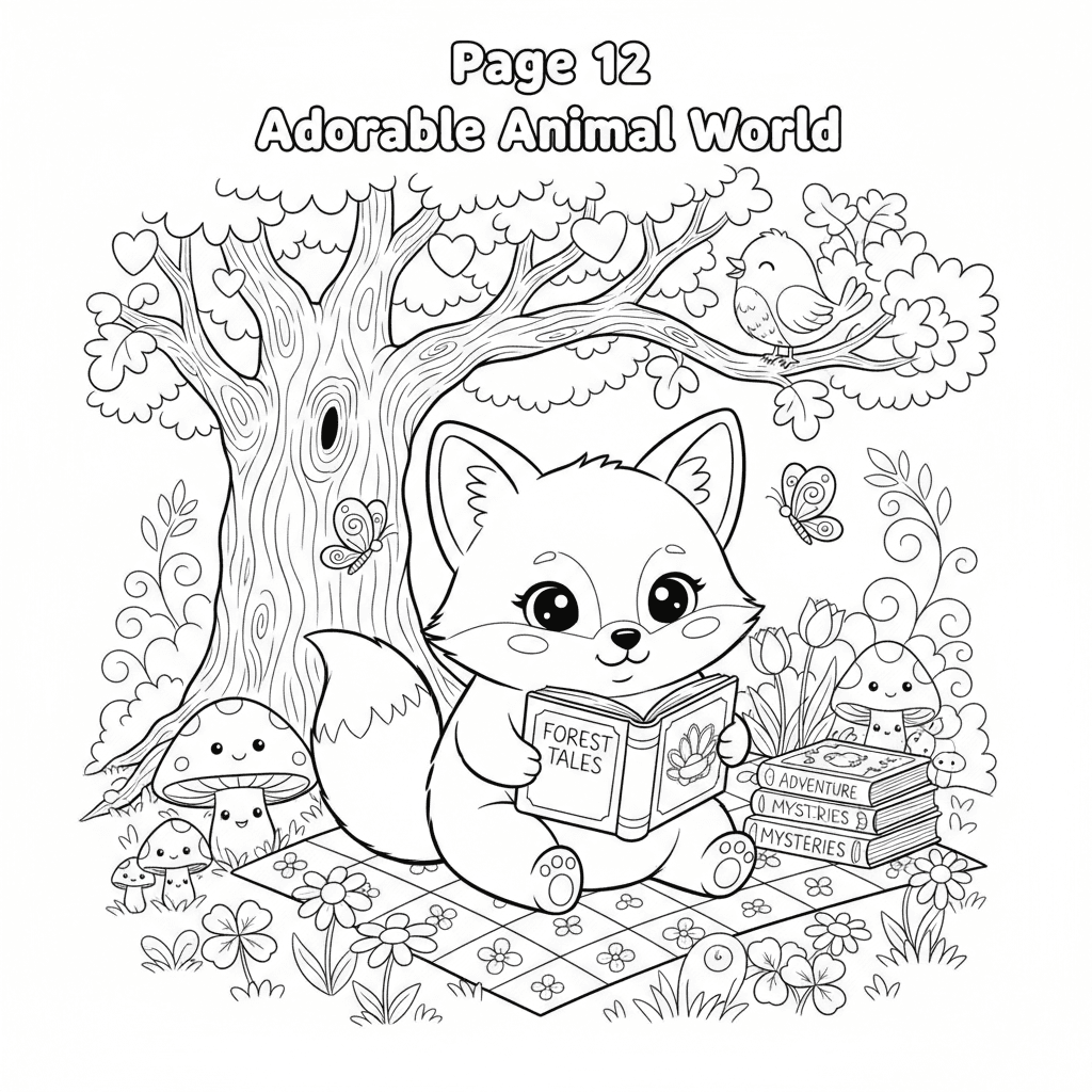Create page 12 of a professional 20-page children's coloring book called 'Adorab