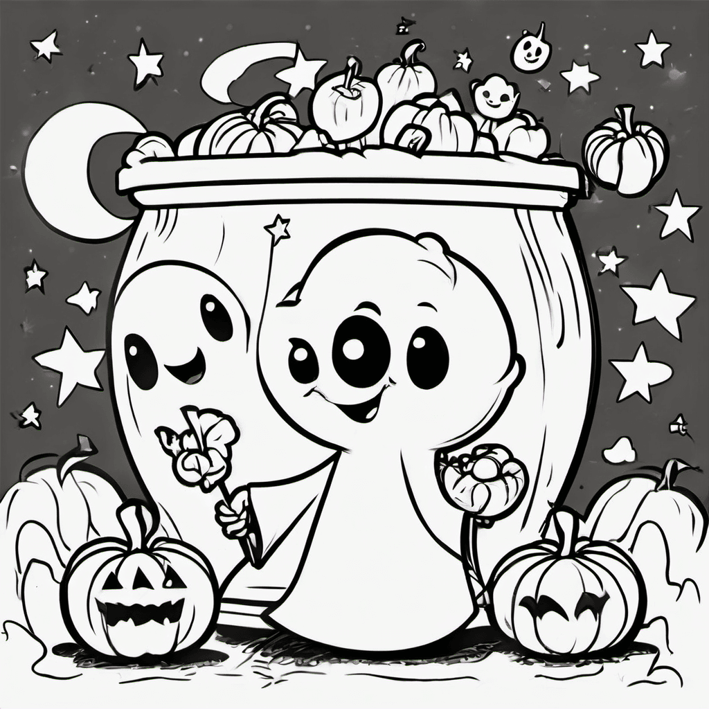Cute baby ghost holding a pumpkin-shaped candy bucket, surrounded by smiling pum