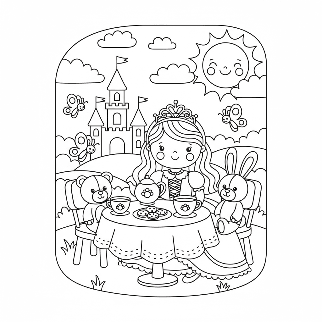 Cute Princess having a tea party, children's coloring book page, adorable fairy 