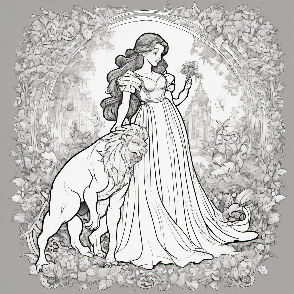 Coloring page of a young girl in a flowing gown standing beside a friendly mythi