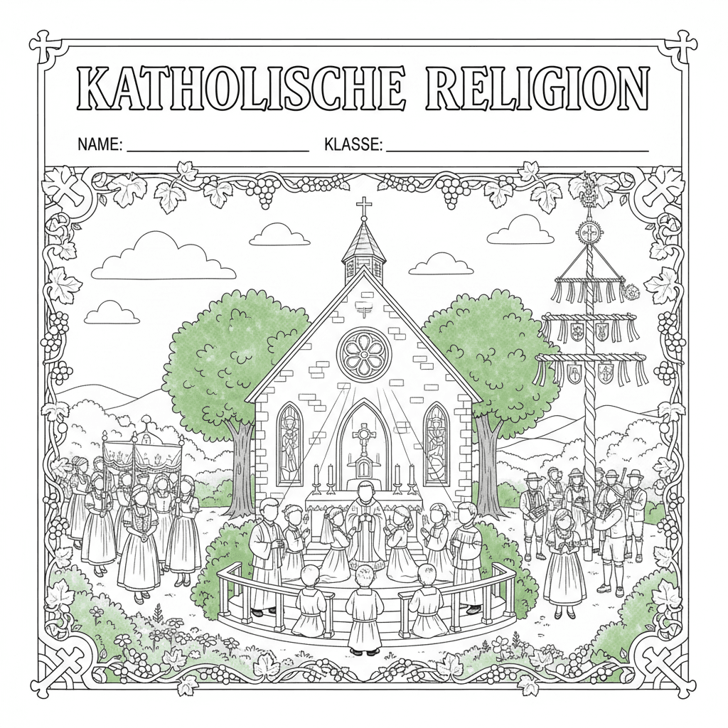 Erstelle ein Deckblatt für eine Religionsmappe, in der Kinder auch Name und Klas