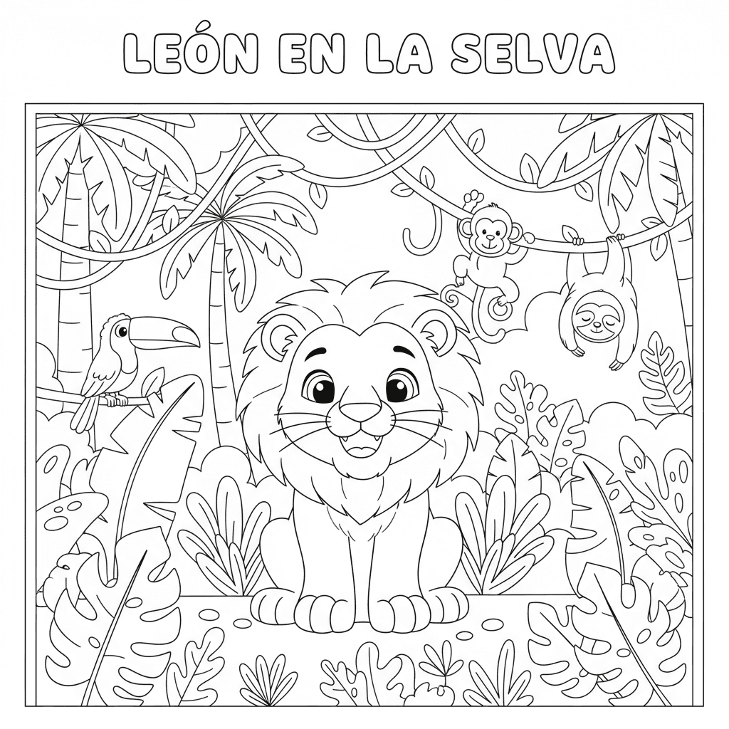 Leon en la selva, tierno y sonriente, estilo catoon imagen 8.5x11. dibujo simple