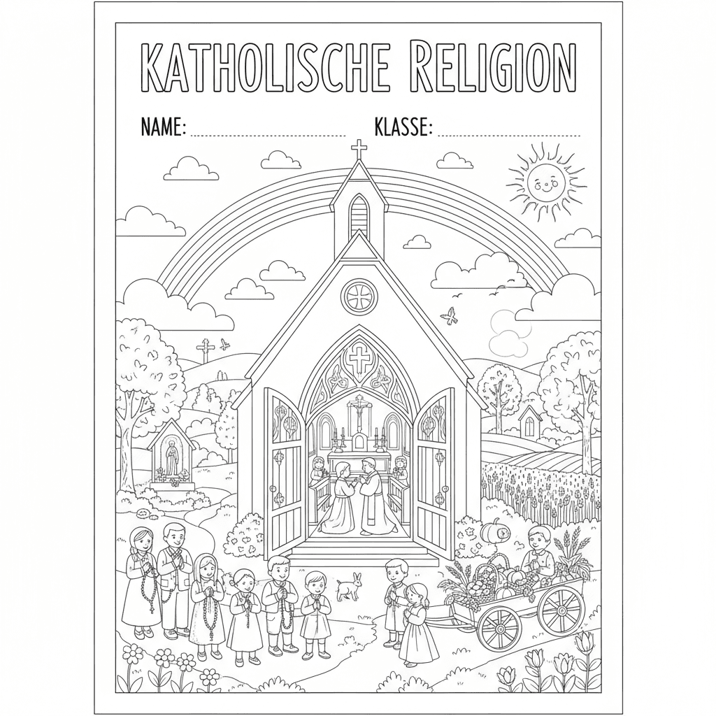Erstelle ein Deckblatt für eine Religionsmappe, in der Kinder auch Name & Klasse