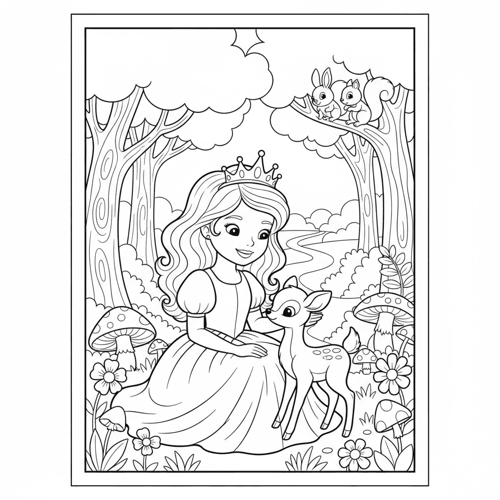 Cute Princess playing with a baby deer in the beautiful forest, children's color