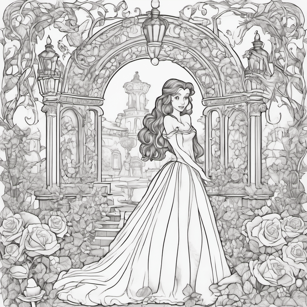 Create a detailed, original fairy-tale coloring page of a young girl in a flowin