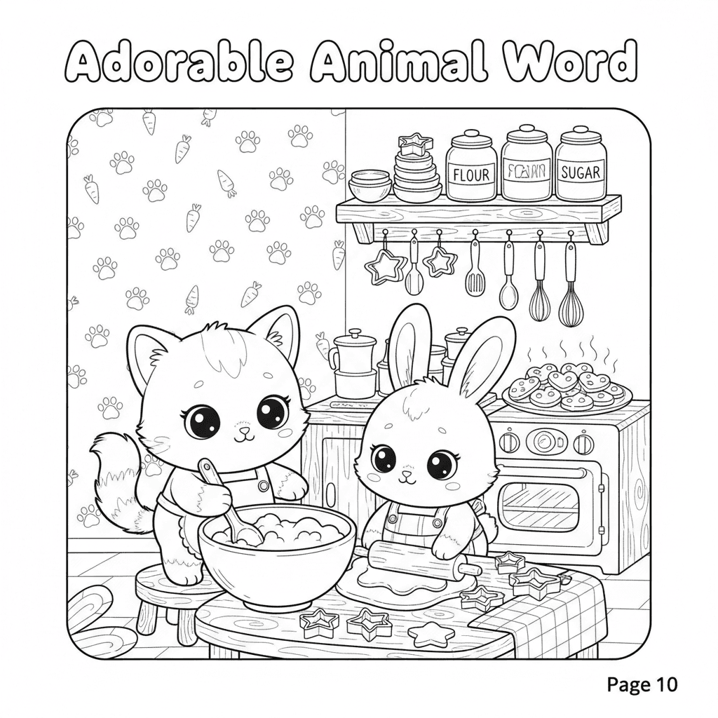 Create page 10 of a professional 20-page children's coloring book called 'Adorab