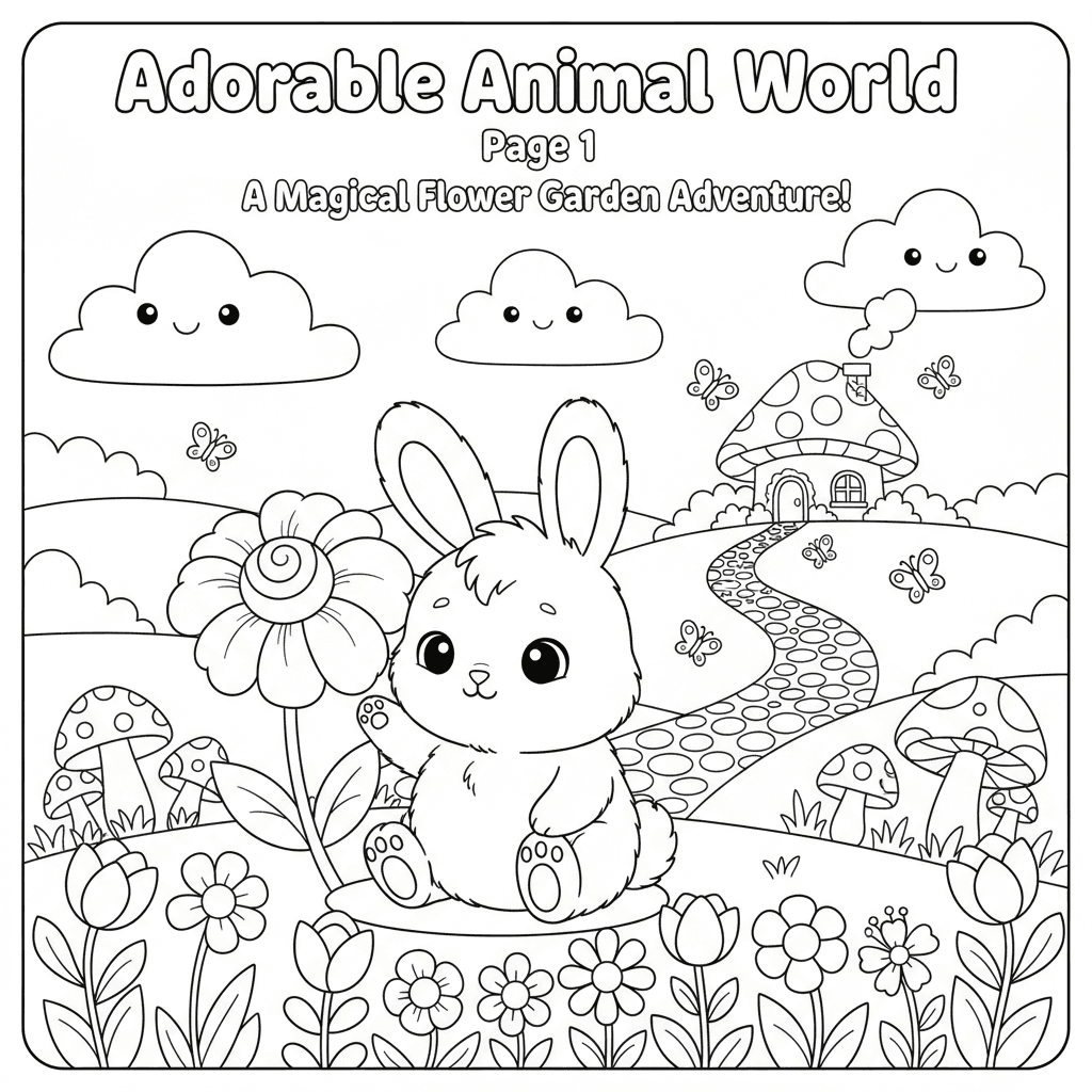 Create page 1 of a professional 20-page children's coloring book called 'Adorabl