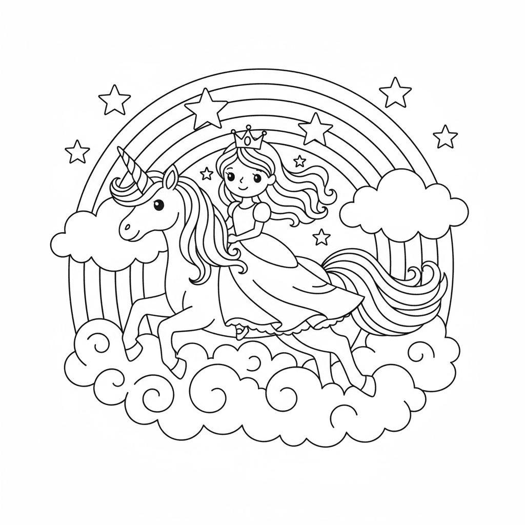 Cute Princess riding a unicorn through the clouds, there's colorful rainbow in t