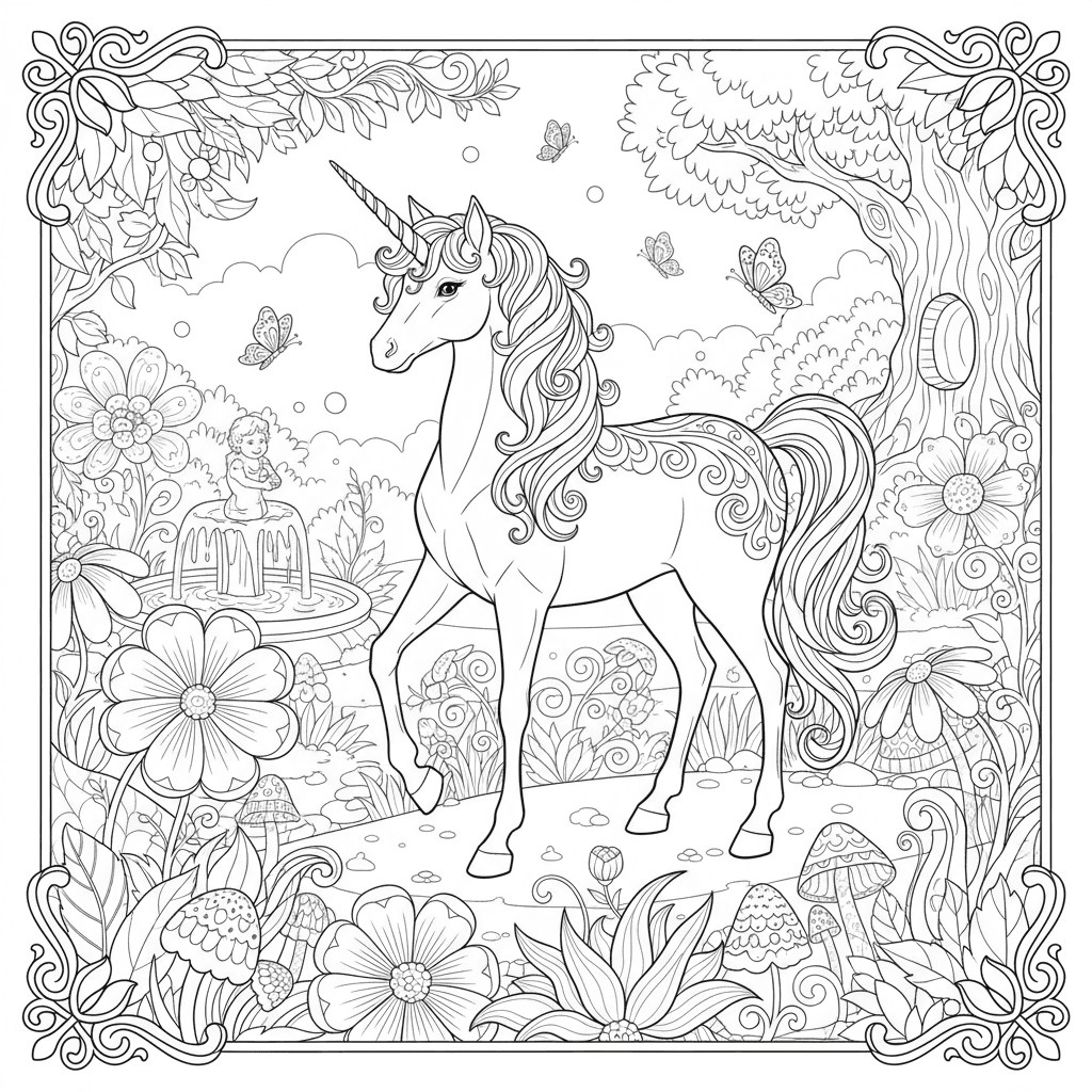 A unicorn in a garden