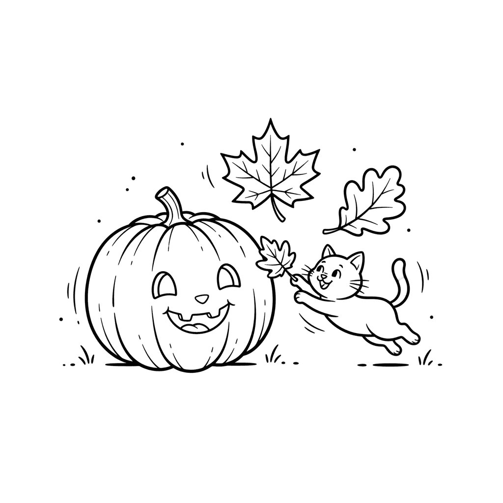 Simple pumpkin with a few fall leaves playing with a cat
