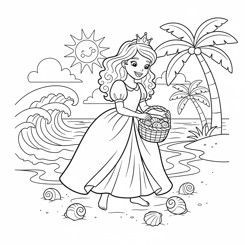 Cute Princess happily collecting seashells on the beach, children's coloring boo