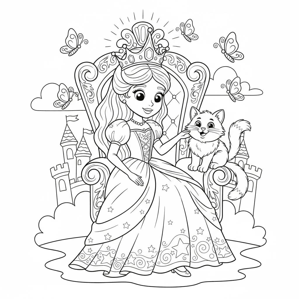 Cute Princess sitting on a royal throne, talking happily with cute cat, wearing 