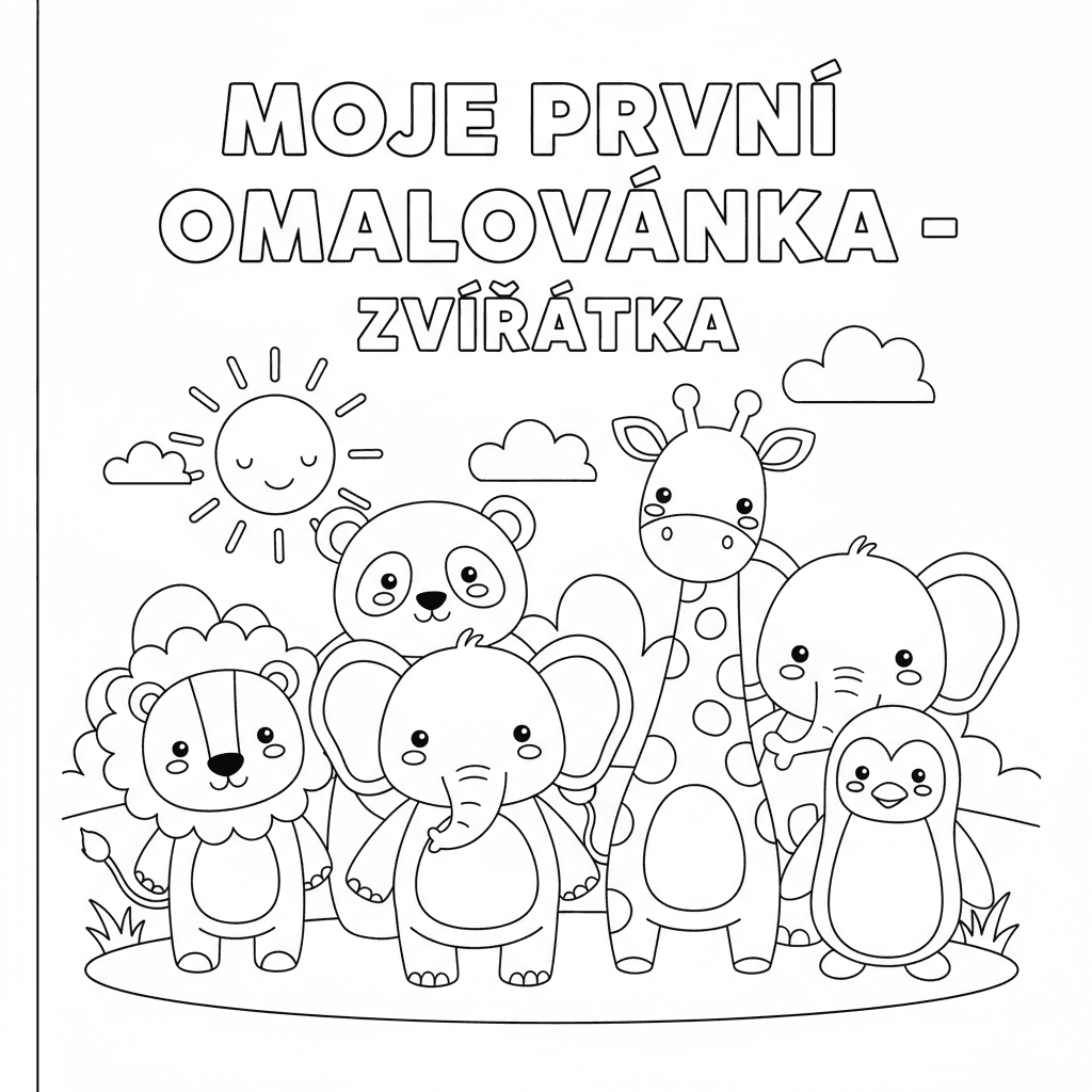 Vytvoř jednoduchou dětskou obálku pro omalovánkovou knížku s názvem „MOJE PRVNÍ 