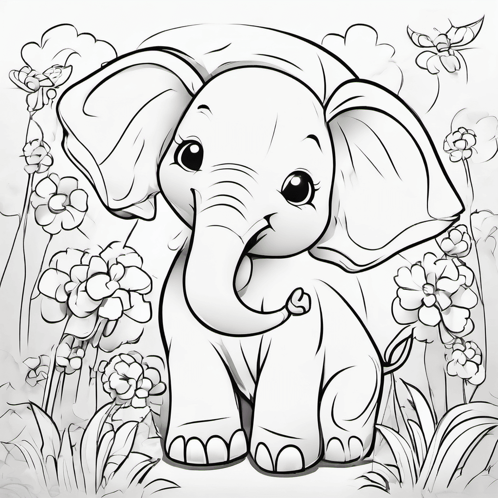 Animals Black and white coloring book page for kids: a cute baby elephant holdin