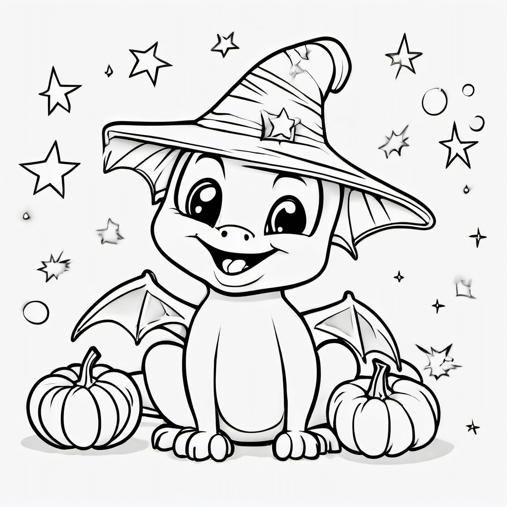 Cute baby dragon wearing a Halloween hat, breathing tiny stars beside a pumpkin.