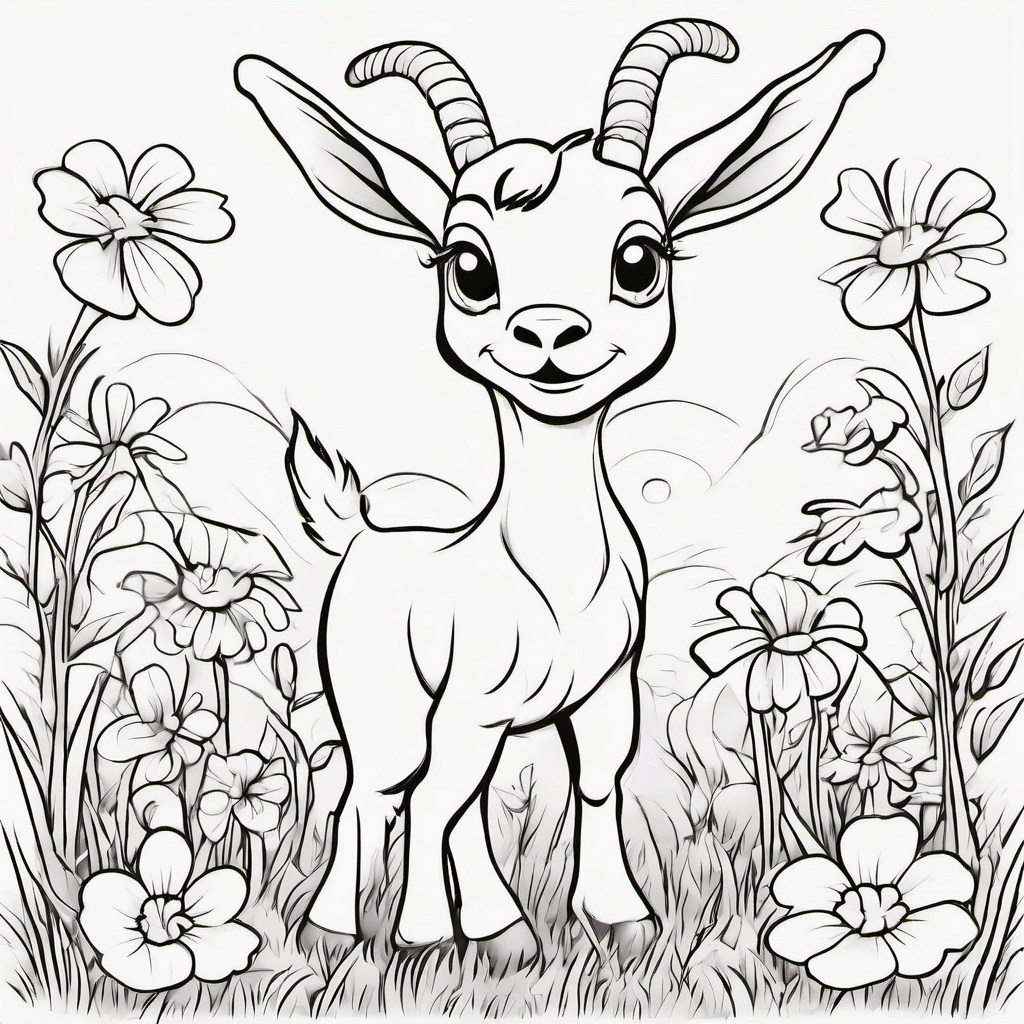 Cute baby goat standing on a small grassy hill, happily jumping over a tiny flow