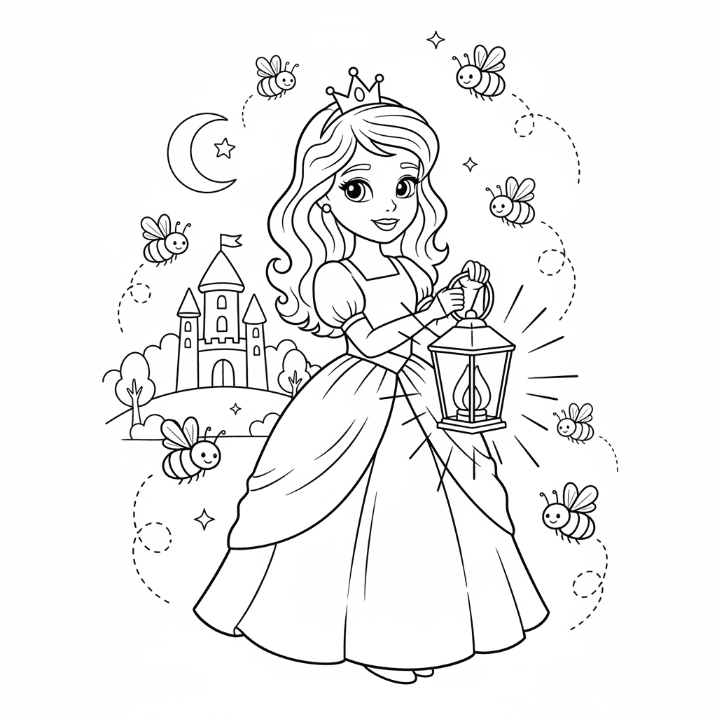Cute Princess holding a shining lantern, fireflies flying around, children's col