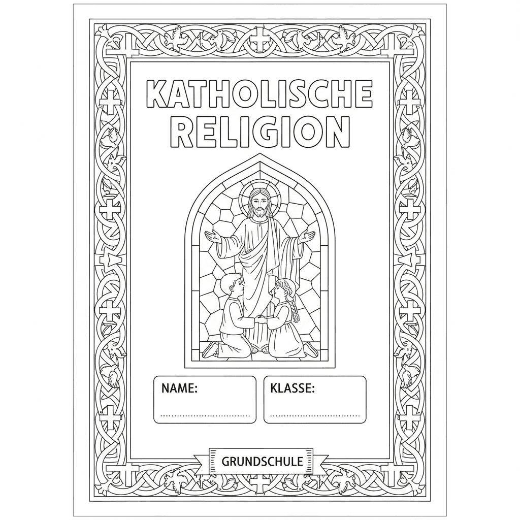 Erstelle ein Deckblatt für eine Religionsmappe, in der Kinder auch Name und Klas