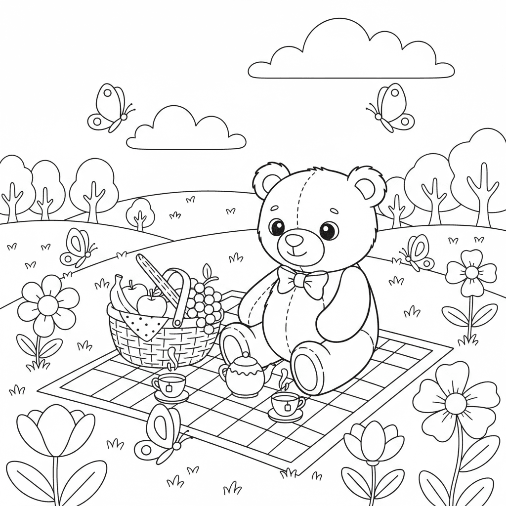Create a cute children's coloring book page featuring an adorable teddy bear hav