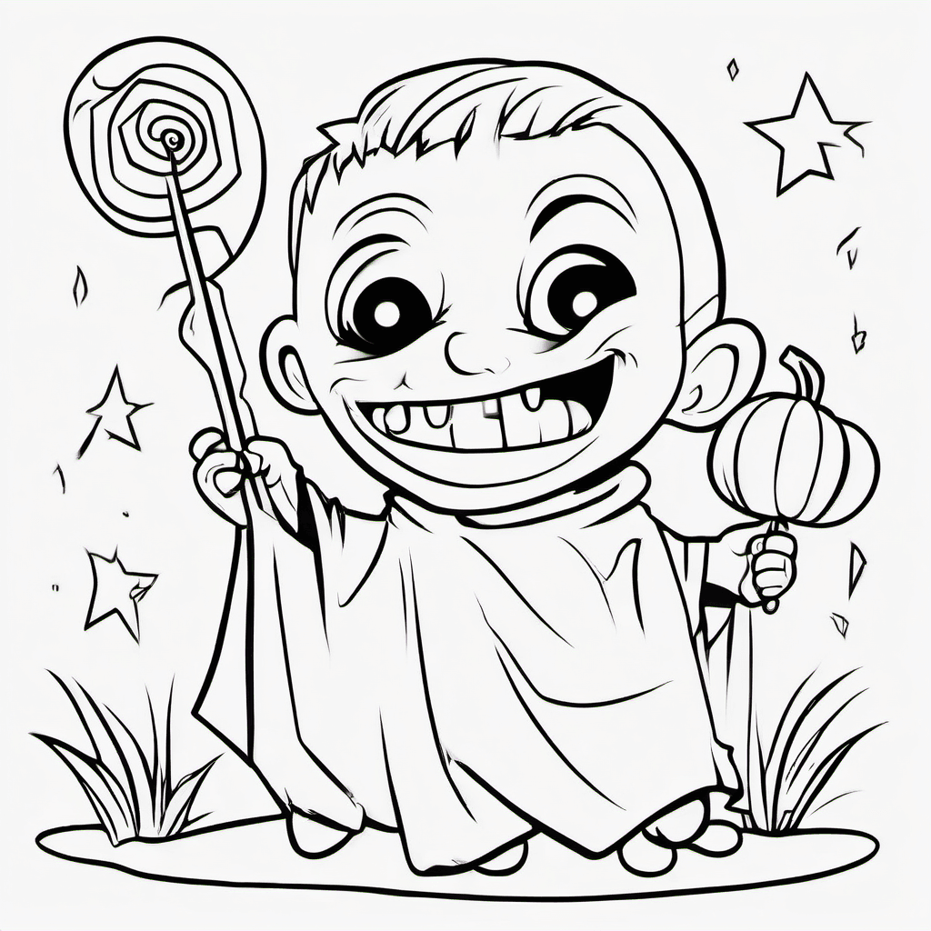 Cute baby Frankenstein monster holding a candy apple, with a smiling ghost besid